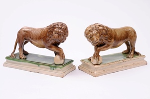 pair of staffordshire ralph wood lions, circa 1780
